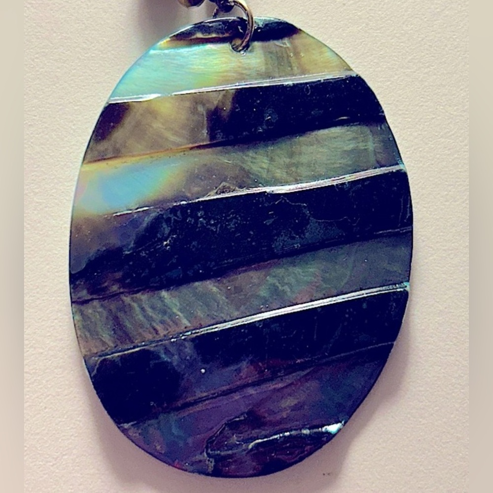 Necklace: EsMor Mother-of-Pearl white black stripe pendant, blue white, black